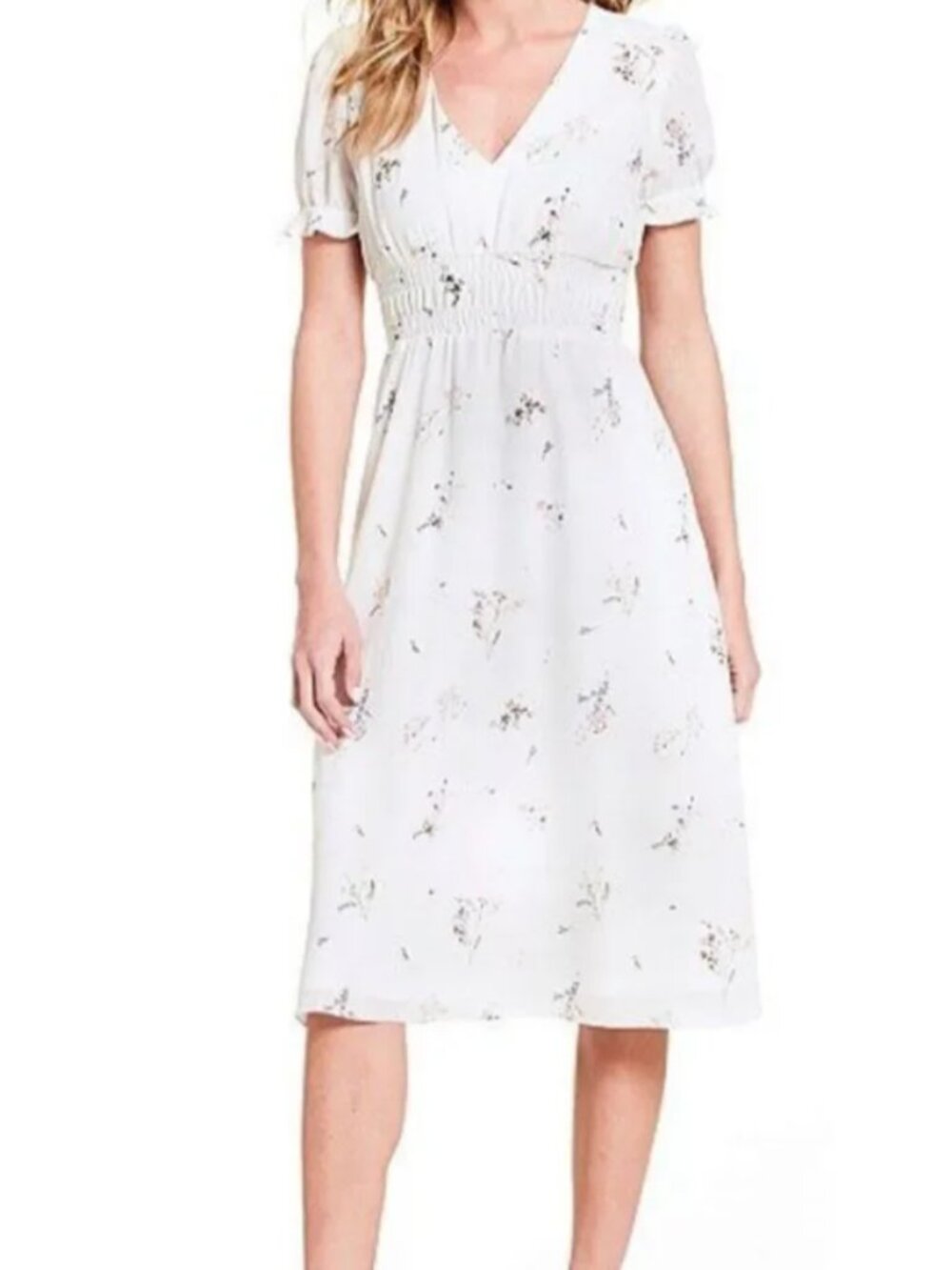 Gianni Bini White Floral V-Neck Midi Dress